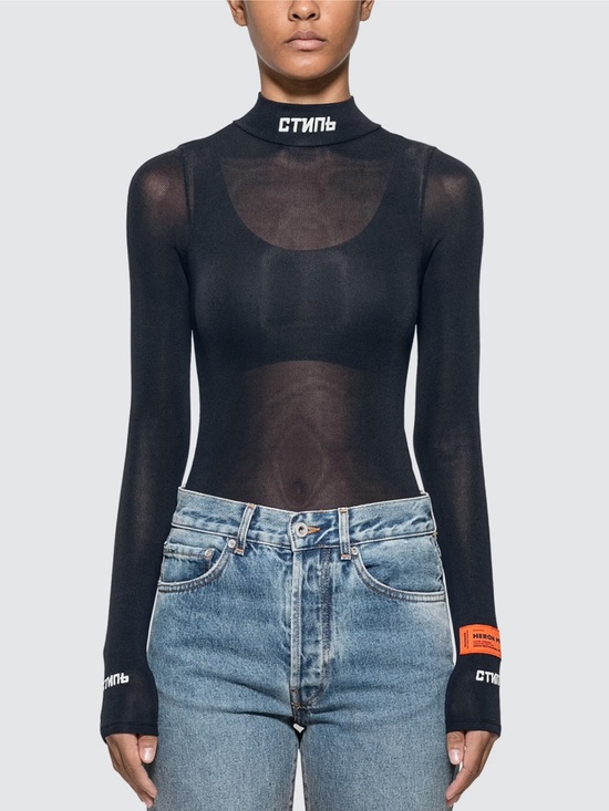 Heron Preston Tops - Heron Preston Black Sheer Long-Sleeve Bodysuit with Logo Neck